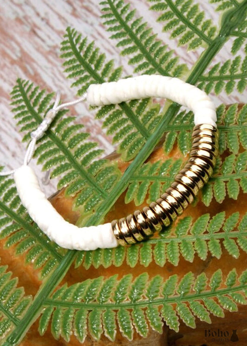 Boho Bracelet, White Blue Colorful Shell Gold